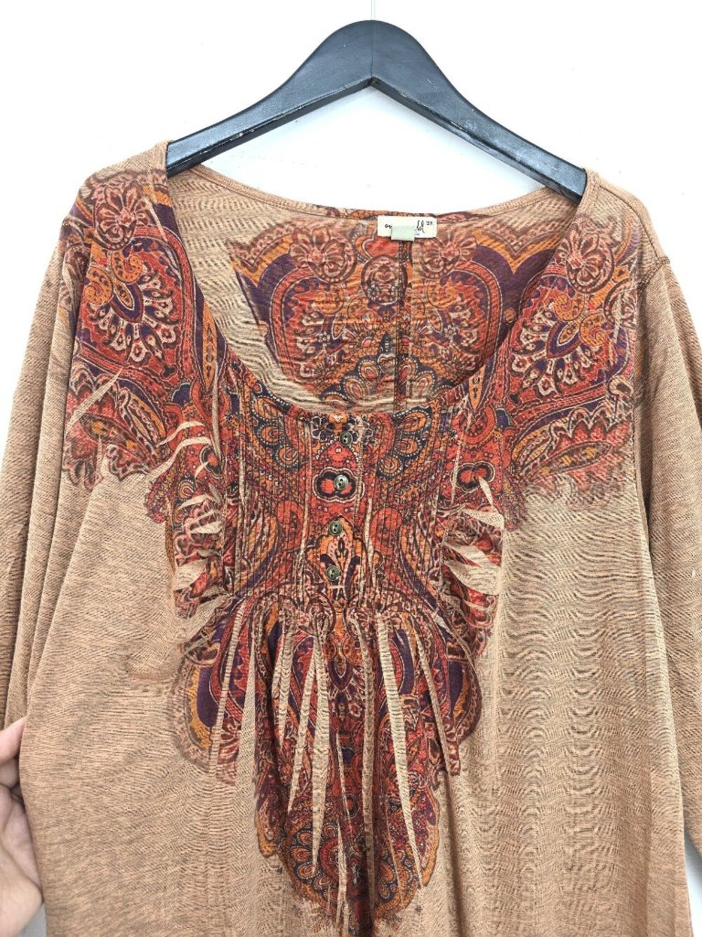 One World Brown Paisley Boho 3/4 Sleeve Tunic Top Women Size 3X Plus - Picture 2 of 4
